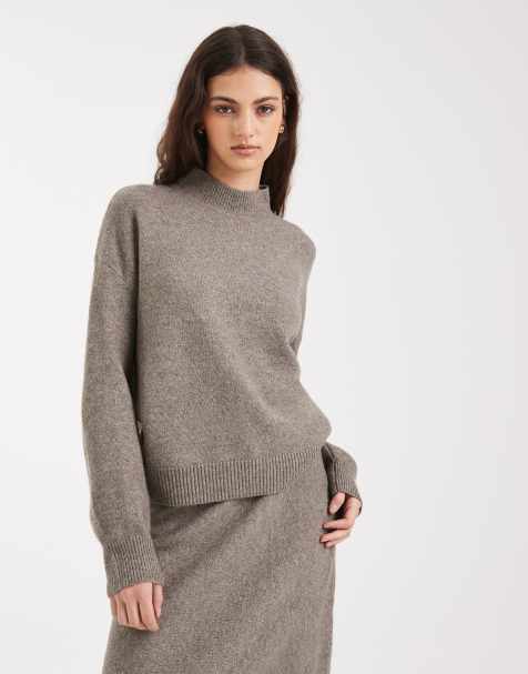 Pieces high neck knitted jumper co-ord in brown melange - view 1