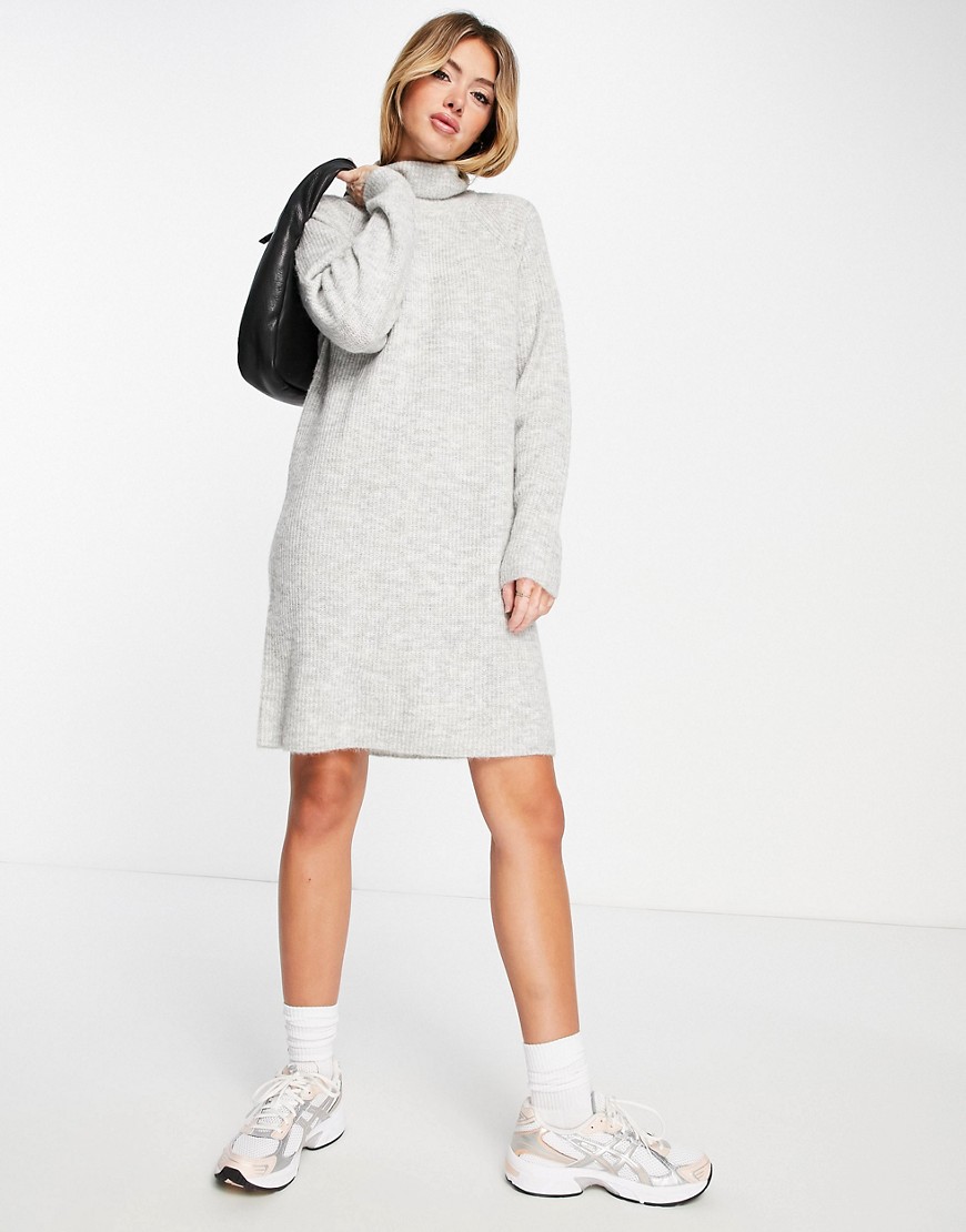 Pieces high neck knitted mini dress in light grey