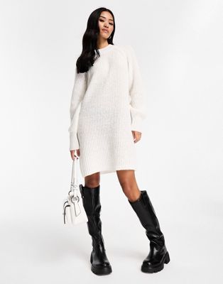 Pieces high neck knitted mini jumper dress in cream