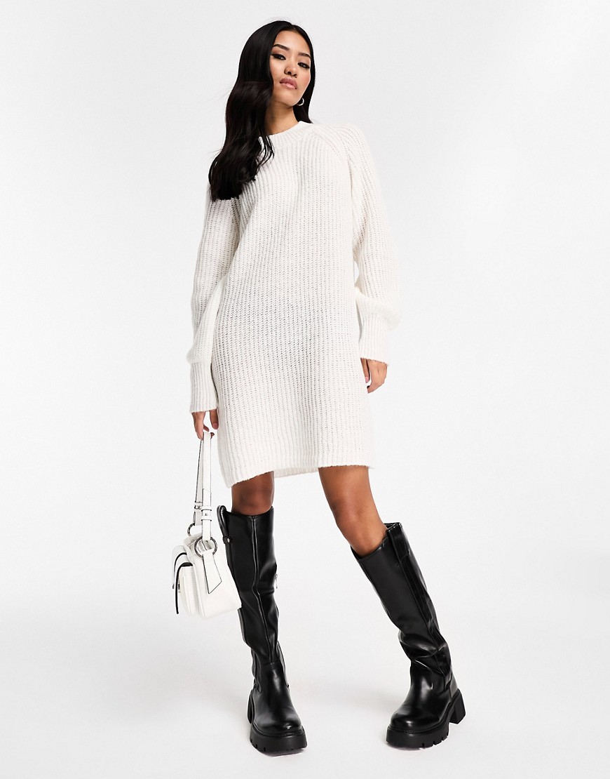 Pieces high neck knitted mini jumper dress in cream-White