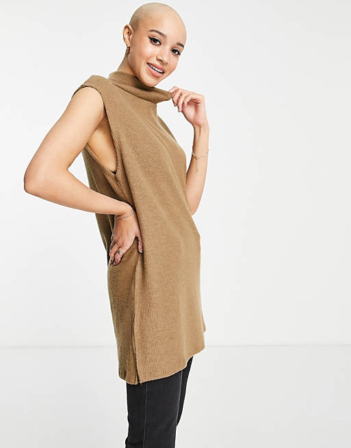 Pieces high neck knitted singlet in camel