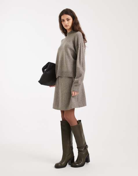 Pieces high neck knitted sweater and mini skirt set in brown melange - view 1