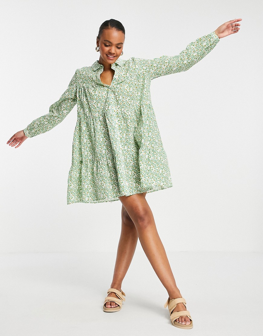 Pieces high neck long sleeve smock dress in cream and lilac print-Multi
