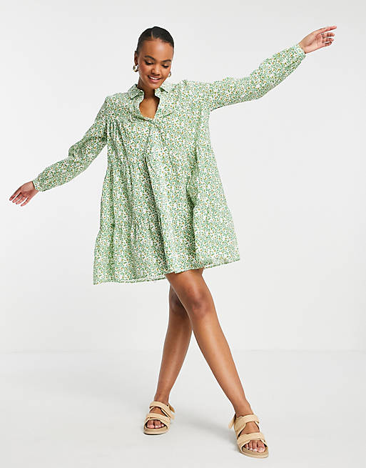 Pieces shirt smock dress in green floral ditsy print