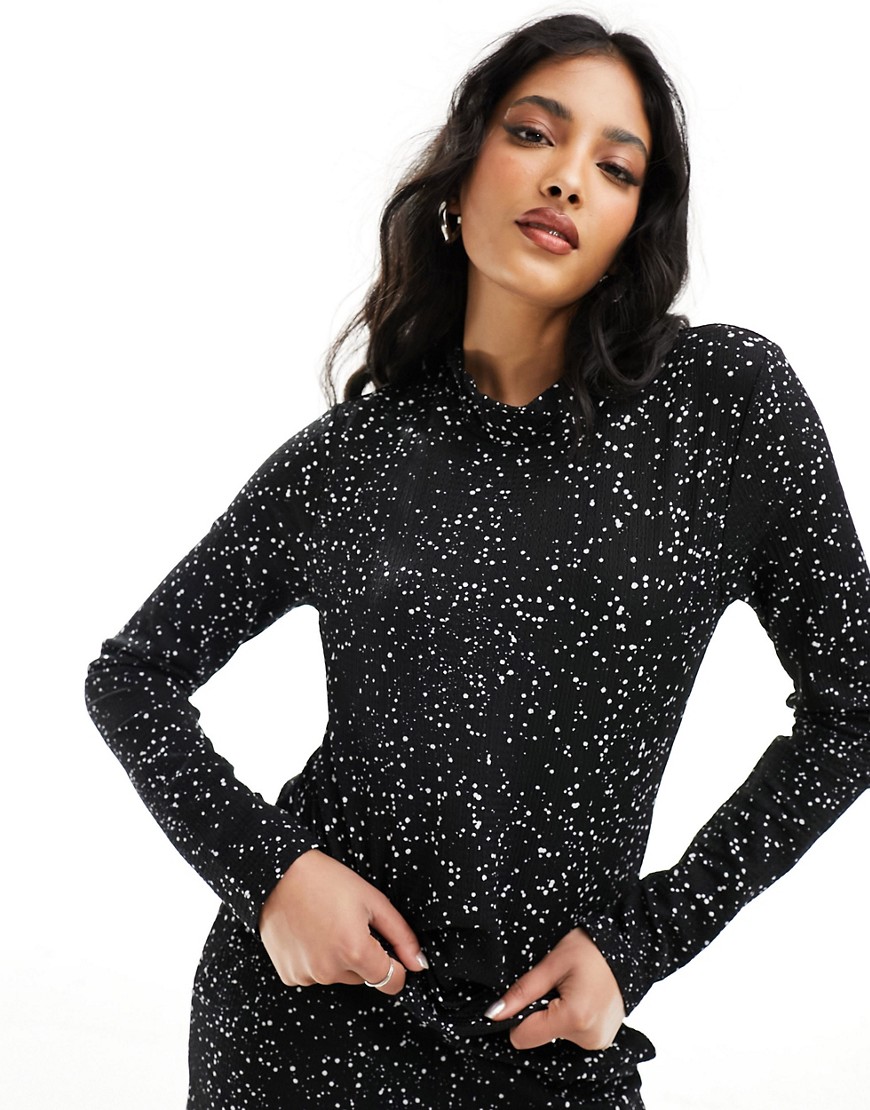 Pieces high neck long sleeve top co-ord in black paint splatter print