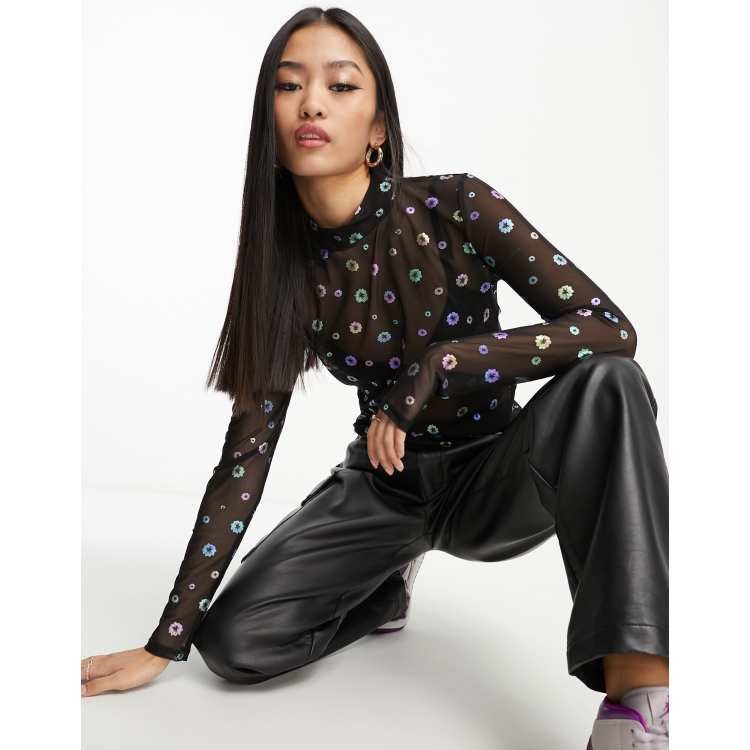 Pieces high neck mesh top in black with holographic flowers