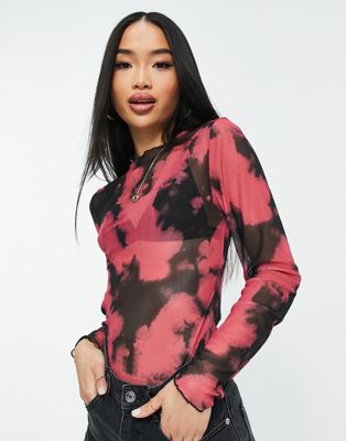 Pieces high neck mesh top in pink splodge print