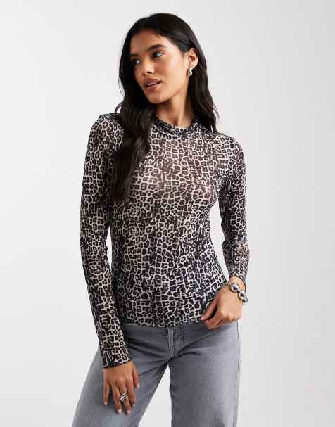 Pieces high neck mesh top in tonal animal print - view 1