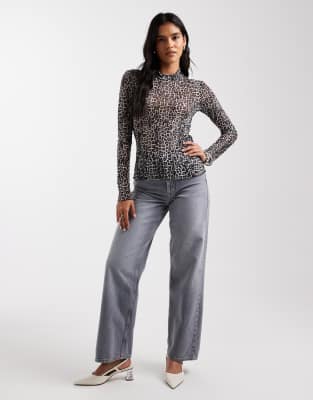 Pieces High Neck Mesh Top In Animal Print