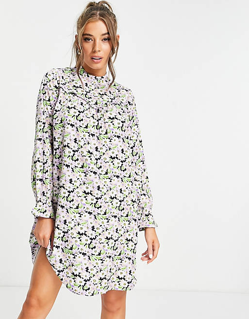 Pieces high neck mini smock dress in lilac floral