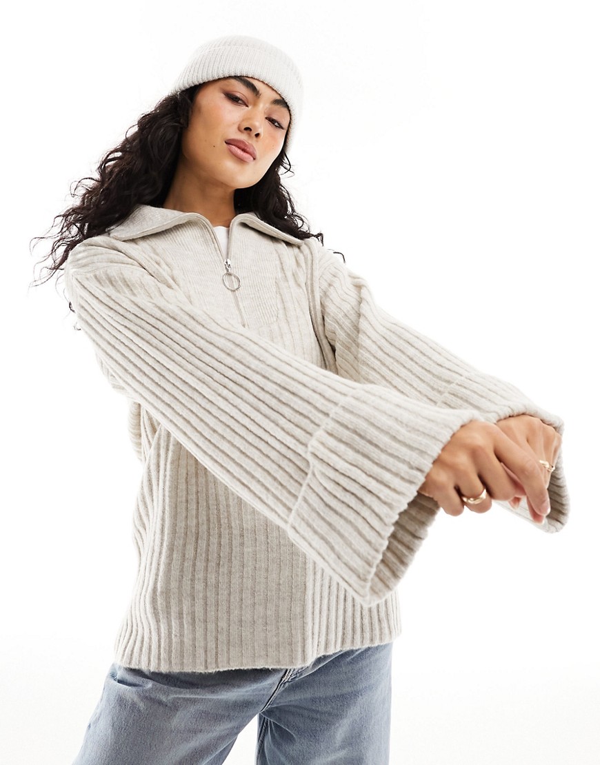 Pieces high neck quarter zip knitted jumper in light beige-Neutral