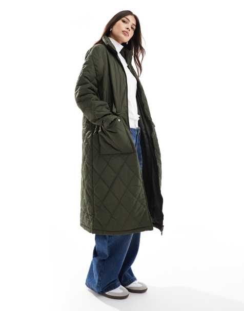 Pieces high neck quilted longline coat in khaki green - view 1