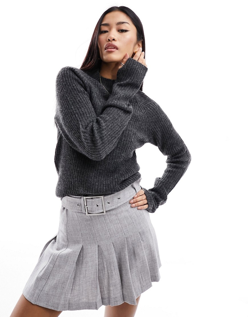 Pieces high neck ribbed jumper in charcoal-Grey