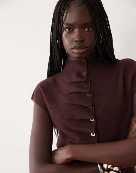 Pieces high neck ruched knitted top in chocolate brown - view 1