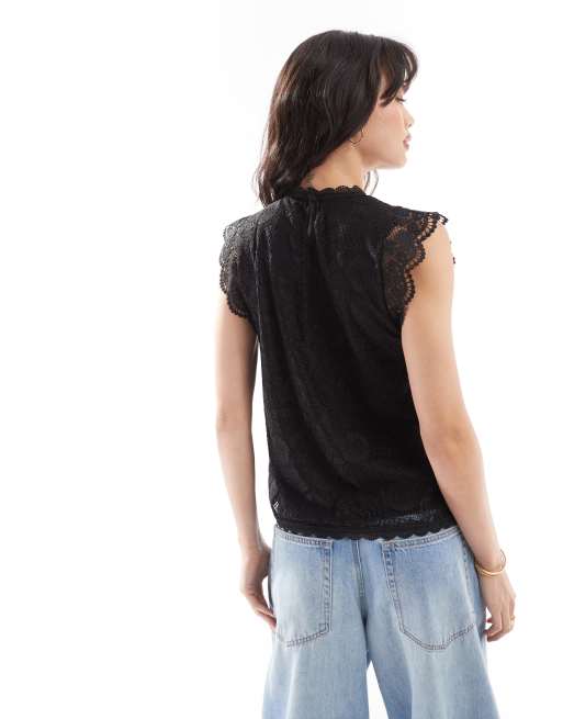Pieces high neck sleeveless lace top in black, 4 of 4