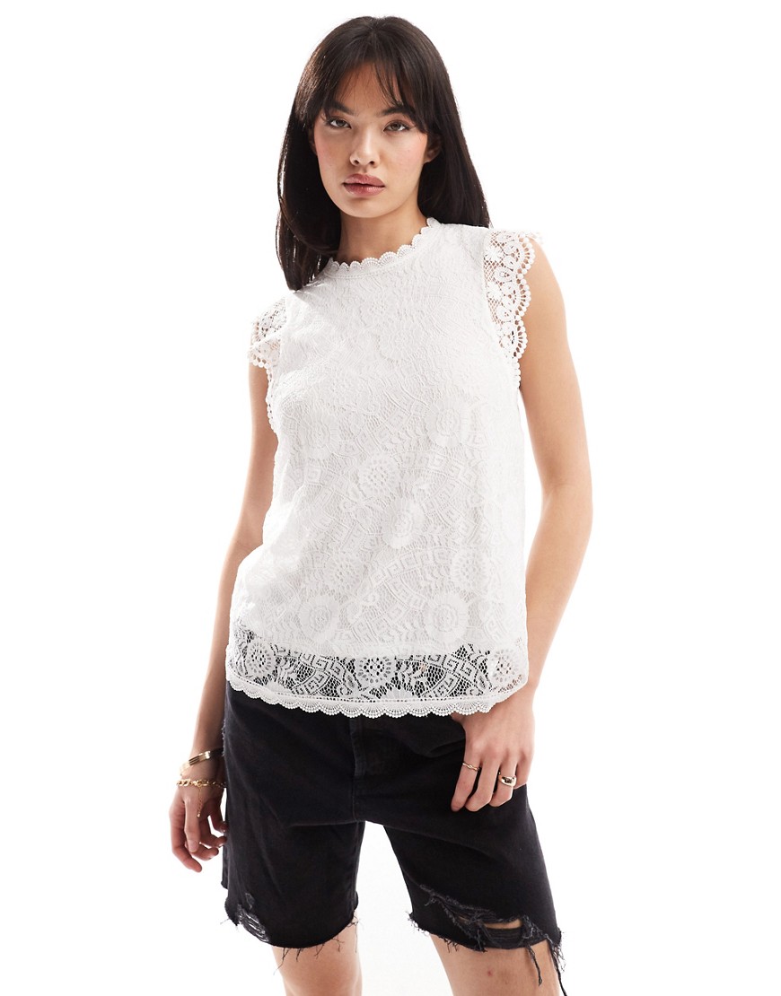 Pieces high neck sleeveless lace top in white
