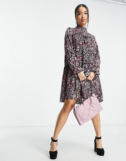 Pieces high neck smock dress in bright floral