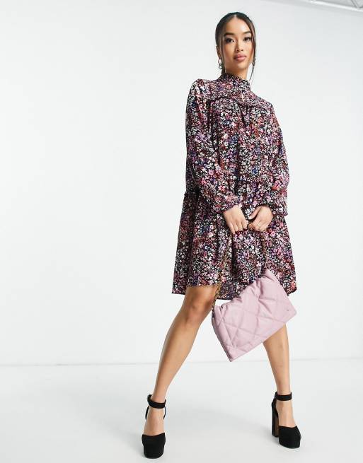 Pieces high neck smock dress in bright floral | ASOS