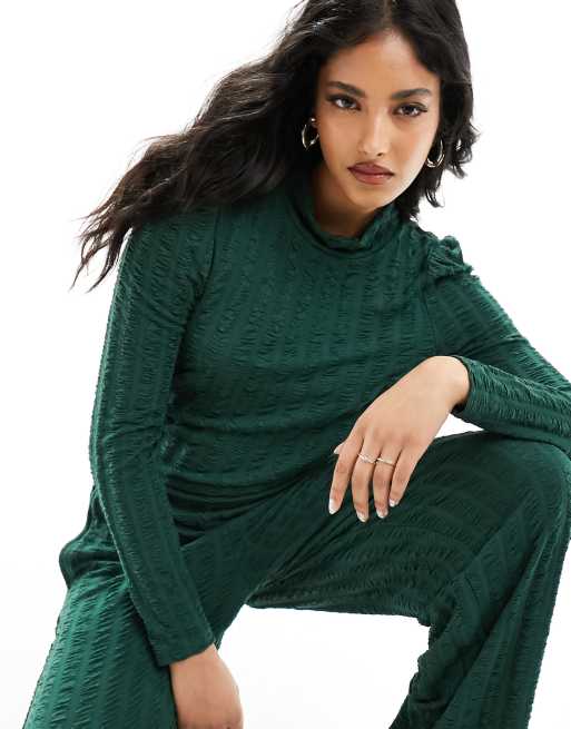 Pieces high neck textured top in green - part of a set