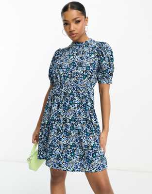 Pieces high neck tiered mini Stretch dress in blue ditsy floral