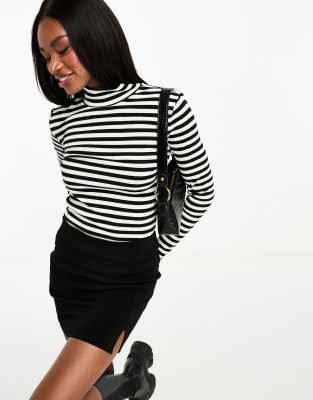 Pieces high neck top in black & white stripe-Multi