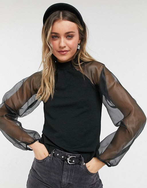 Pieces high neck top with organza volume sleeves in black