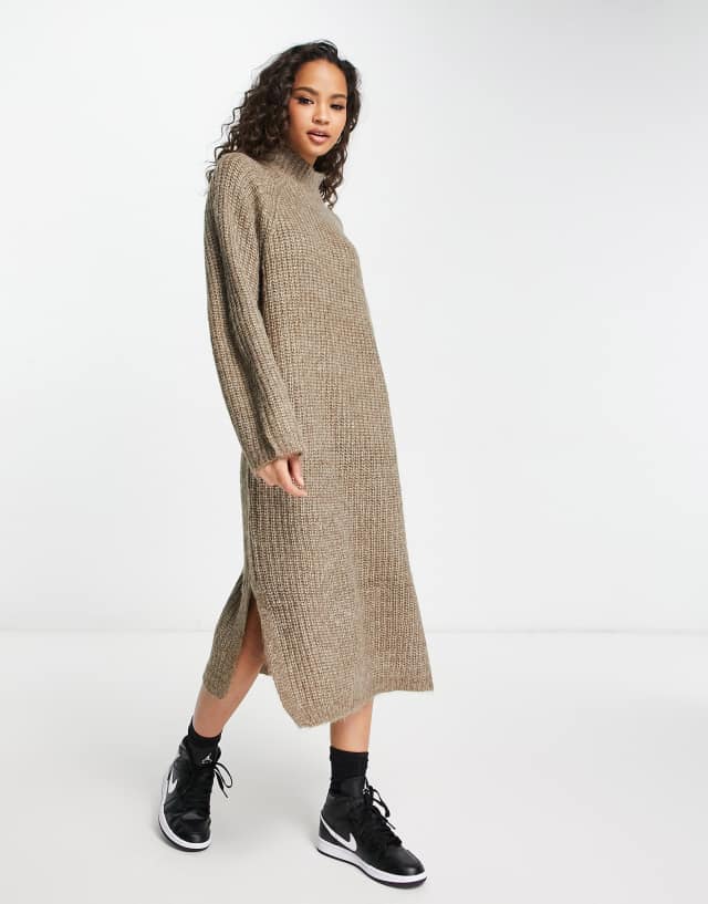 Pieces high neck wide sleeve midi sweater dress in camel