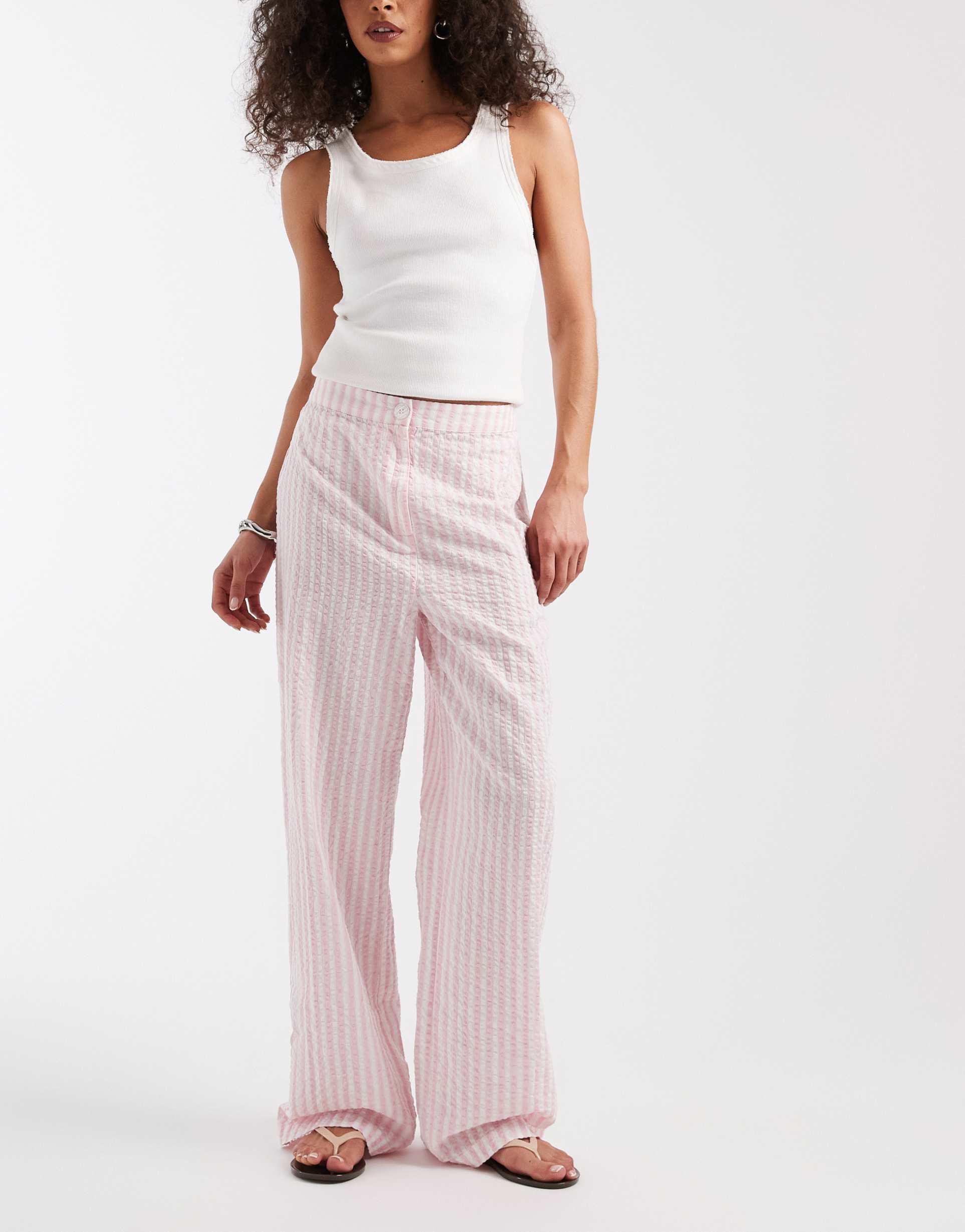 pieces high rise pants in roseate pink & white