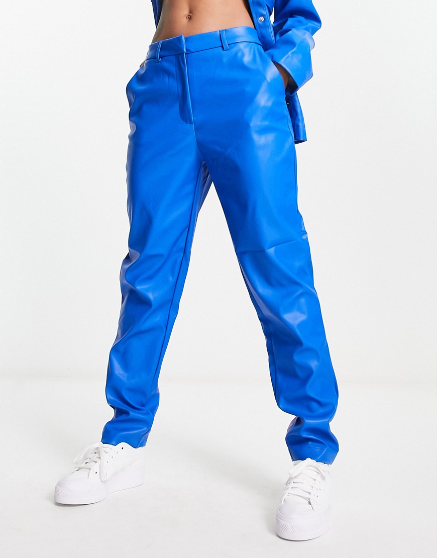 Pieces high waist faux leather trousers co-ord in blue
