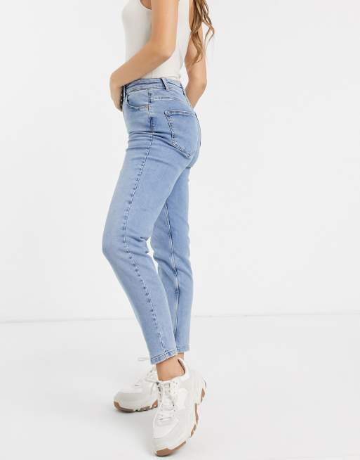 Pieces High Waist Mom Jean In Light Blue Asos