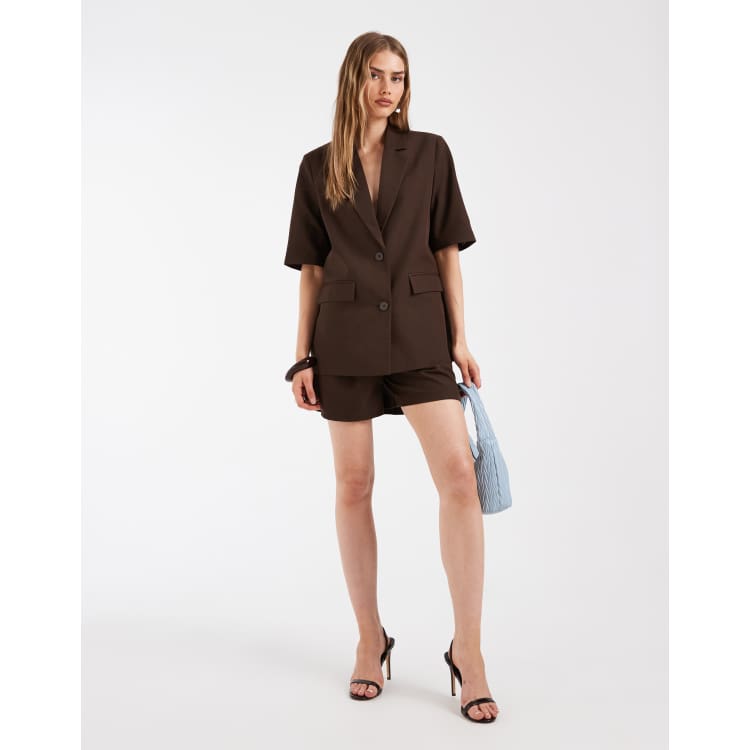 PIECES high waist pleated tailored shorts in chocolate brown - part of a  set | ASOS