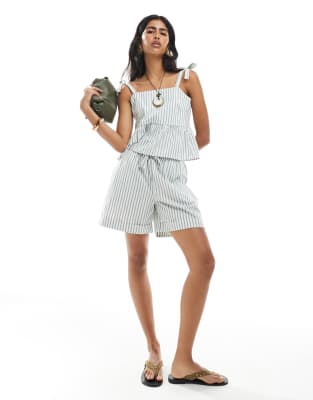 Pieces high waist short co-ord in green and white stripe-Multi