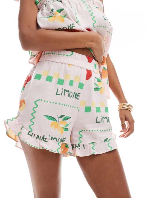 Pieces high waist short co-ord in pale pink based fruit print, 3 of 5