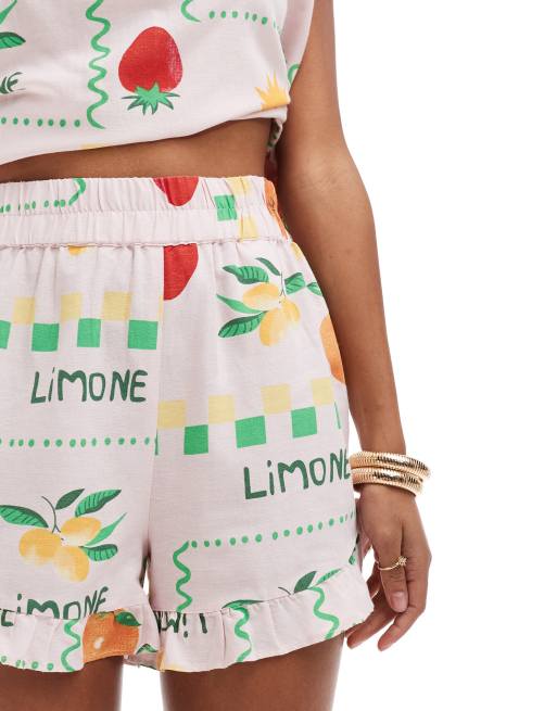 Pieces high waist short co-ord in pale pink based fruit print, 5 of 5
