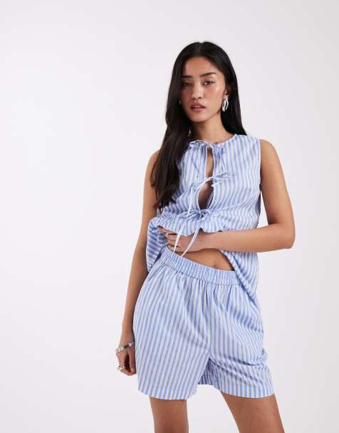 Pieces high waist shorts in blue and white stripes - part of a set - view 1