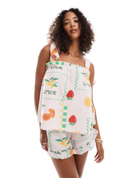 Pieces high waist shorts in pale pink based fruit print (part of a set) - view 1
