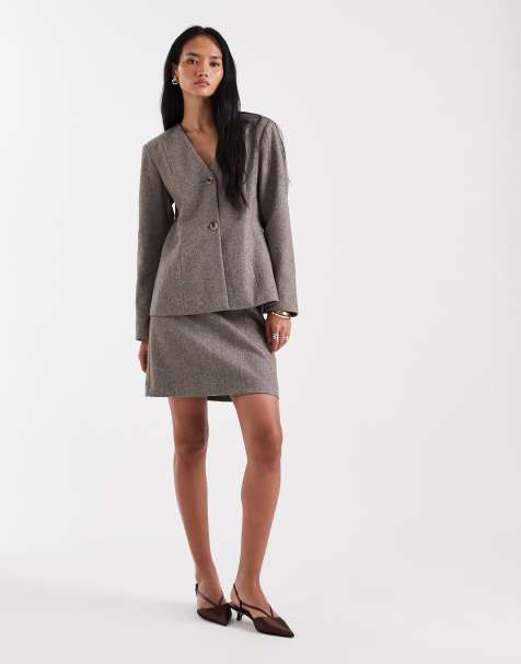 Pieces high waist textured tailored mini skirt co-ord in light brown - view 1