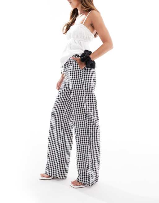 Pieces high waist wide leg trousers in black gingham print ASOS