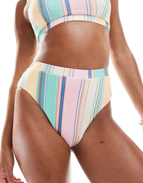 Pieces high waisted bikini bottom co-ord in multi stripe - view 1