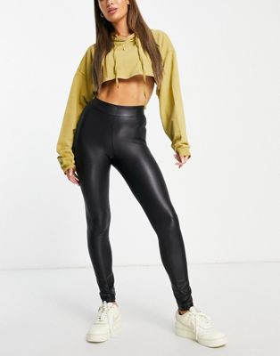 Pieces High Waisted Pu Pants In Black-brown