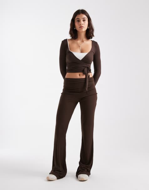 Pieces high waisted flare leggings in chocolate brown (part of a set) - view 1