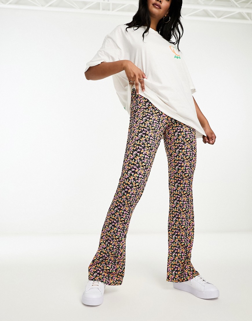 Pieces high waisted flare trousers in multi ditsy
