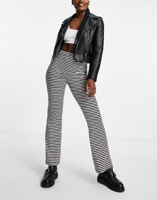 Pieces high waisted flared trousers in black & white stripe