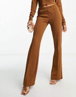 Pieces high waisted flared trousers in rust glitter