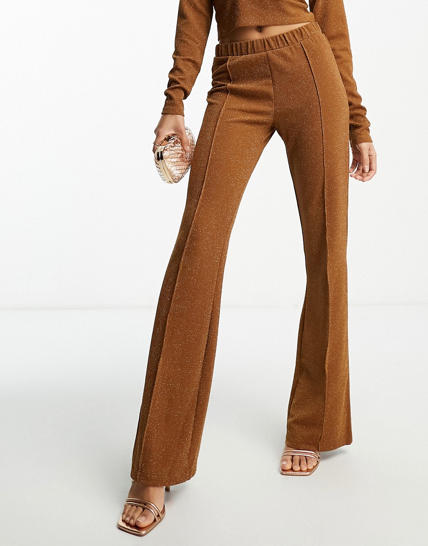 Pieces high waisted flared trousers in rust glitter-Brown