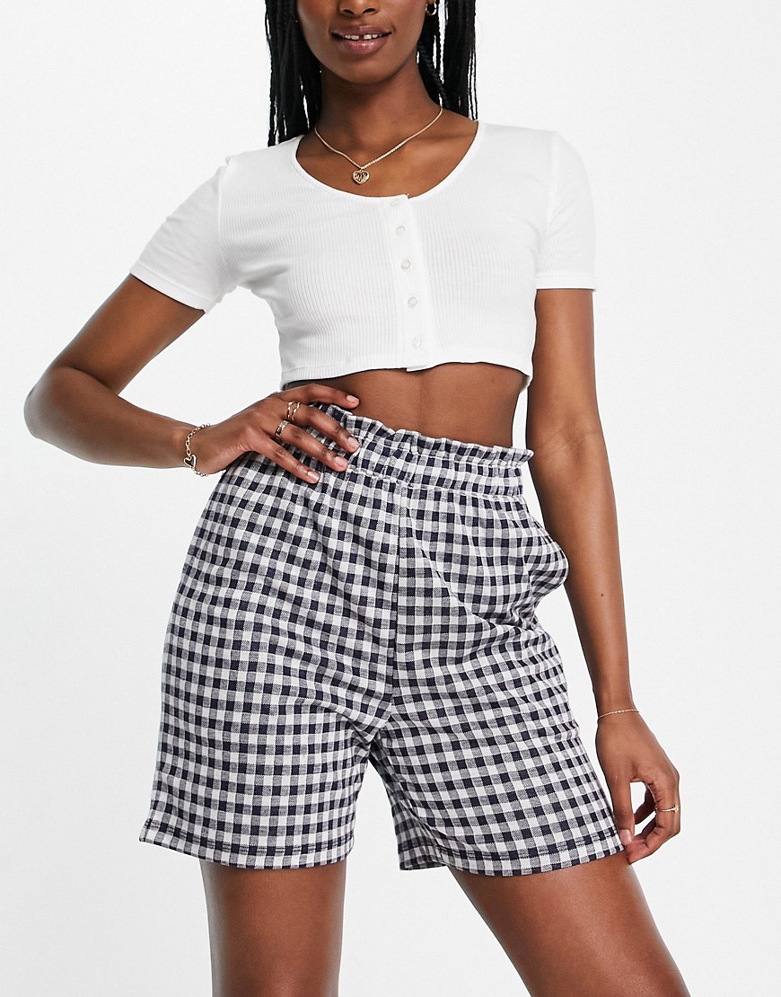 Pieces high waisted frill waistband gingham shorts in navy and white-Multi