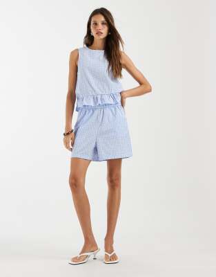 Pieces high waisted shorts co-ord in blue and white gingham