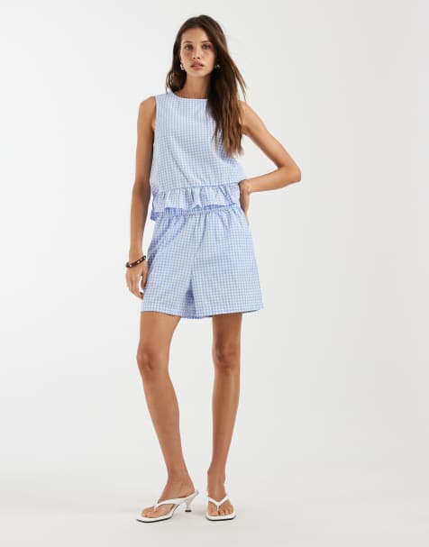 Pieces high waisted shorts co-ord in blue and white gingham - view 1