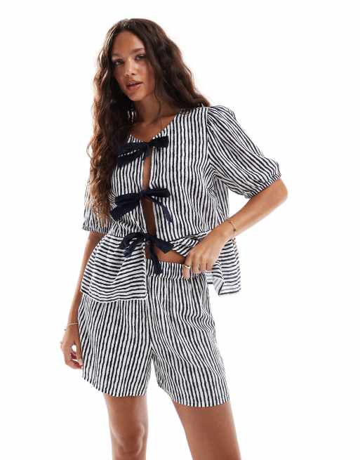 Pieces high waisted shorts in navy and white stripe (part of a set)
