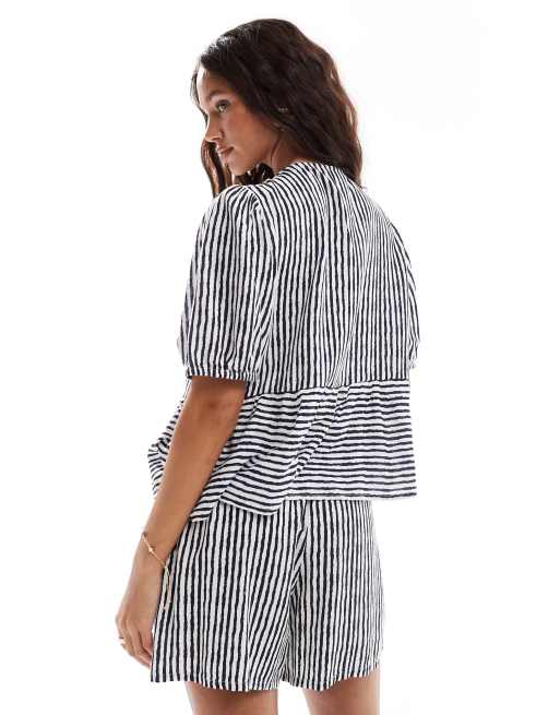 Pieces high waisted shorts in navy and white stripes - part of a set, 2 of 5